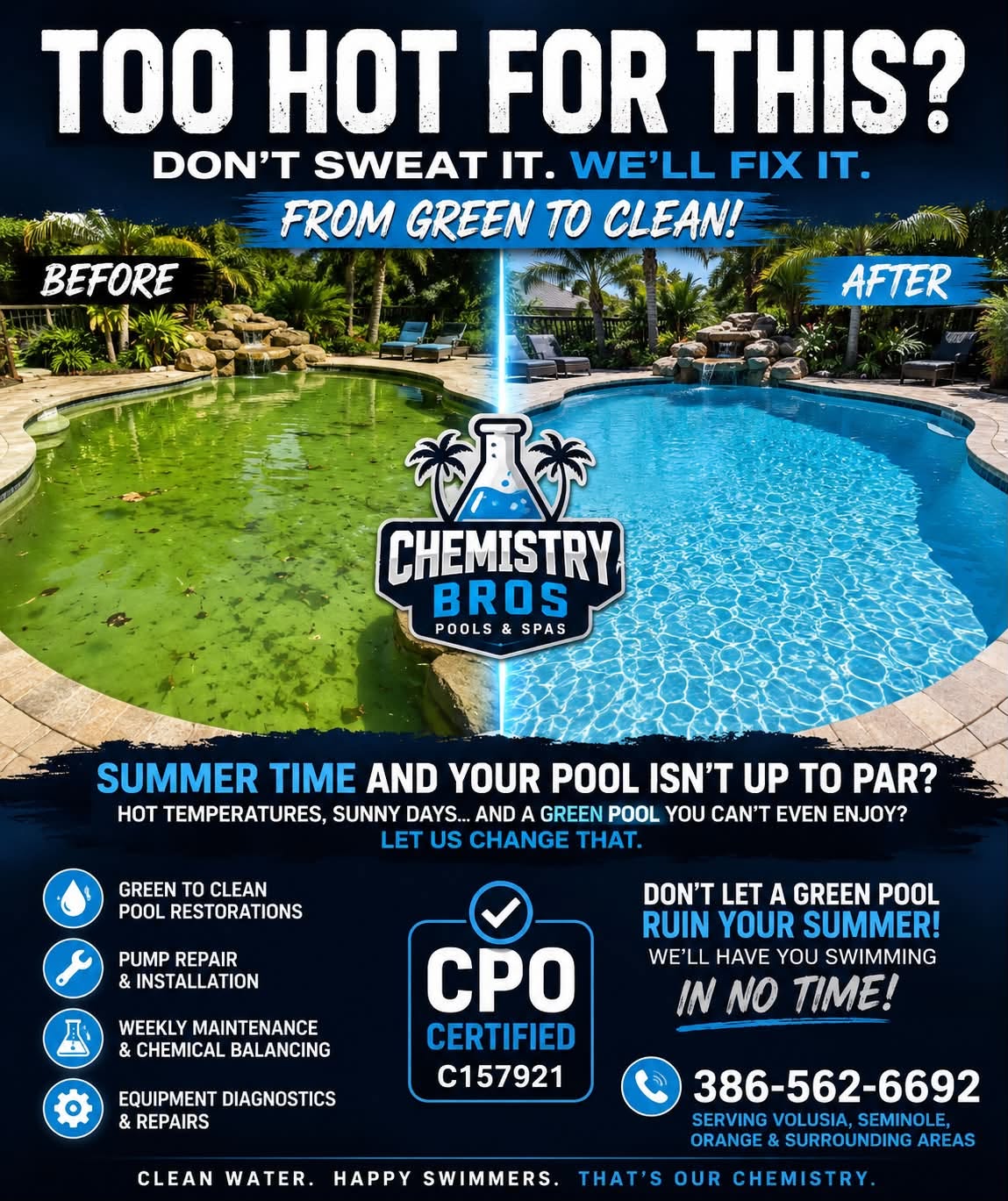 Chemistry Bros green-to-clean pool restoration flyer