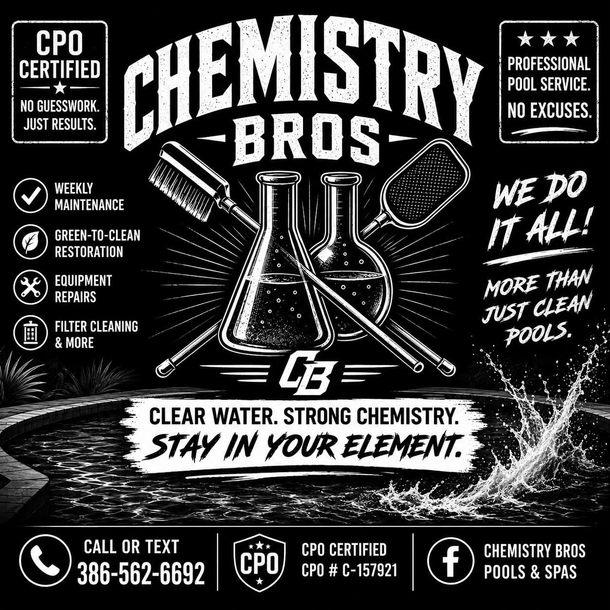 Chemistry Bros pool services and CPO certified flyer