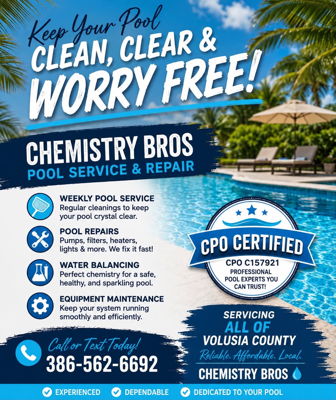 Chemistry Bros weekly pool service and repair flyer